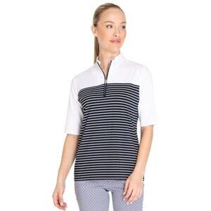 NEW Sport Haley Women’s LARGE Palmer 1/2 Sleeve Golf Polo Shirt Navy Blue Stripe